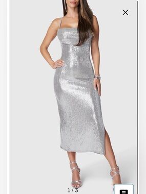 NWT- bebe Sequin Gown, Silver, size medium